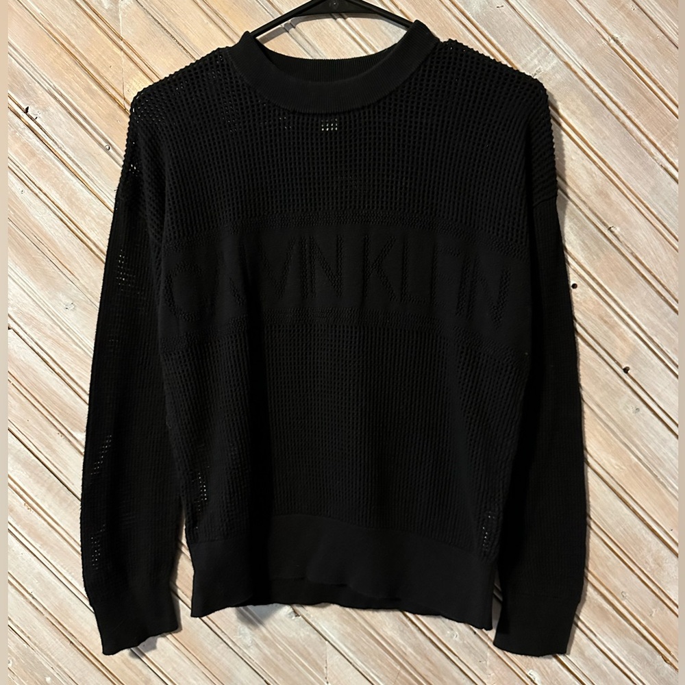 Calvin Klein Open Knit Embroidered Chest Logo Mesh Black Long Sleeve Layer